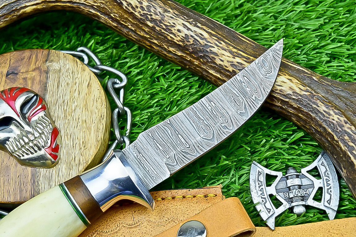 9 Inch Damascus Steel Hunting Knife with Bone Handle and Steel Bolster