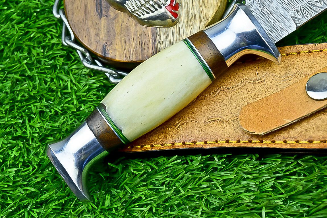 9 Inch Damascus Steel Hunting Knife with Bone Handle and Steel Bolster