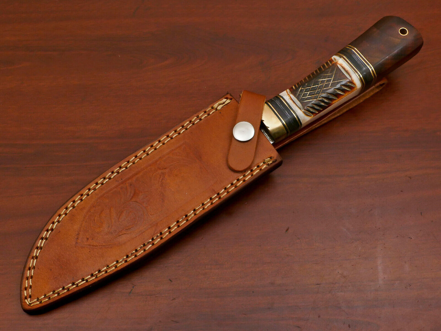 12" Hand Forged Damascus Knife Bowie Knife for Sale with Camel Bone & Rosewood Handle