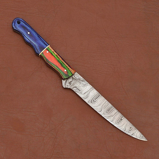 Hand-Forged Damascus Steel Fillet Knife – Custom Kitchen Chef Knife with Wood Handle & Leather Sheath
