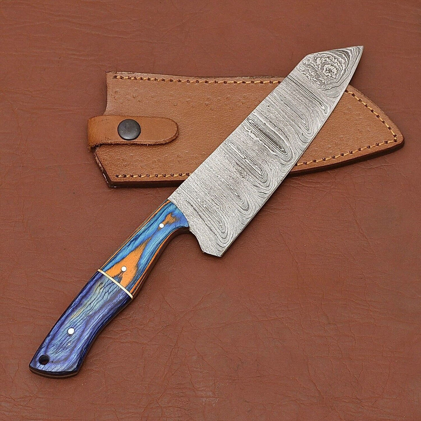 Custom Handmade 12" Damascus Steel Chef Knife | Wood Handle with Leather Sheath