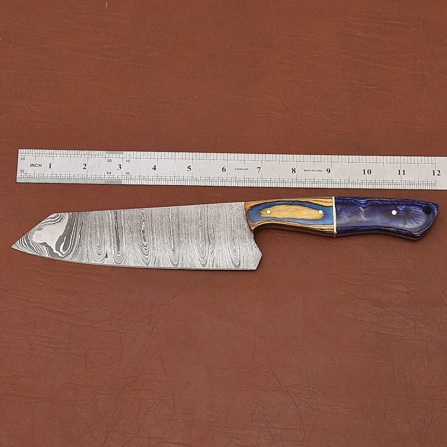 Custom Handmade 12" Damascus Steel Chef Knife | Wood Handle with Leather Sheath