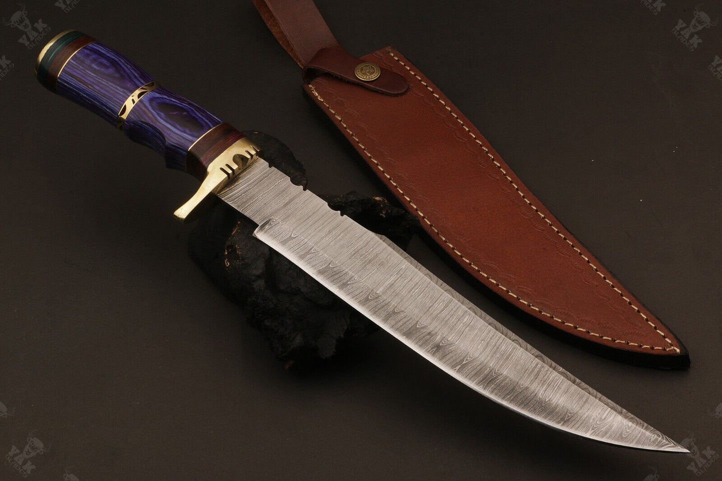15 Inch Handmade Fire Damascus Steel Bowie Knife with Wood And Brass Handle by Heritage Forge