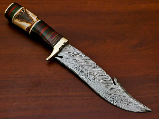 Handmade Damascus Custom Burn Camel Bone & Pakka Wood Bowie Hunting Knife