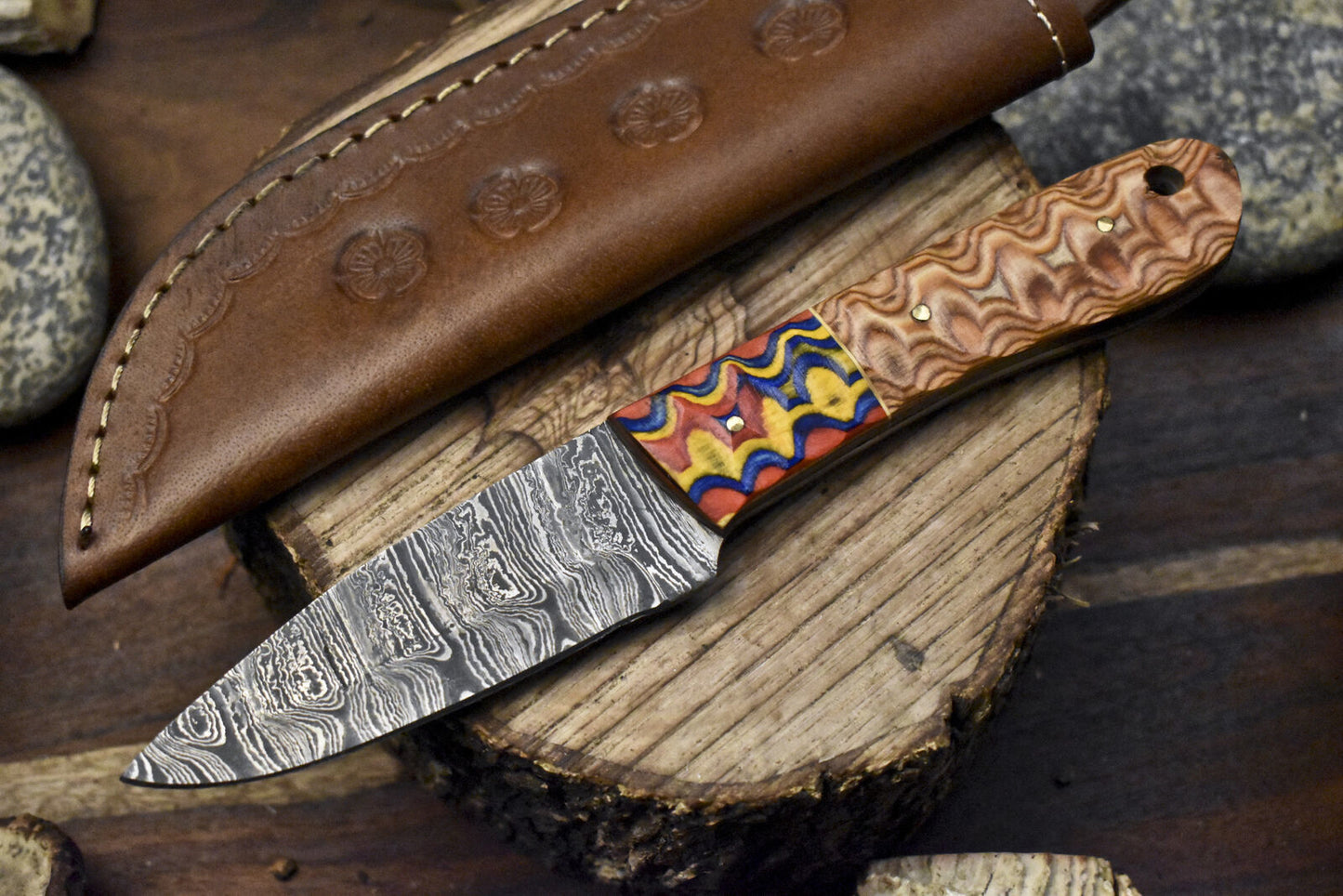 Twist Damascus Skinner Knife with Olive Wood Handle and Wooden Bolster