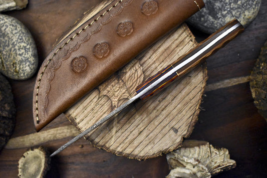 Twist Damascus Skinner Knife with Olive Wood Handle and Wooden Bolster