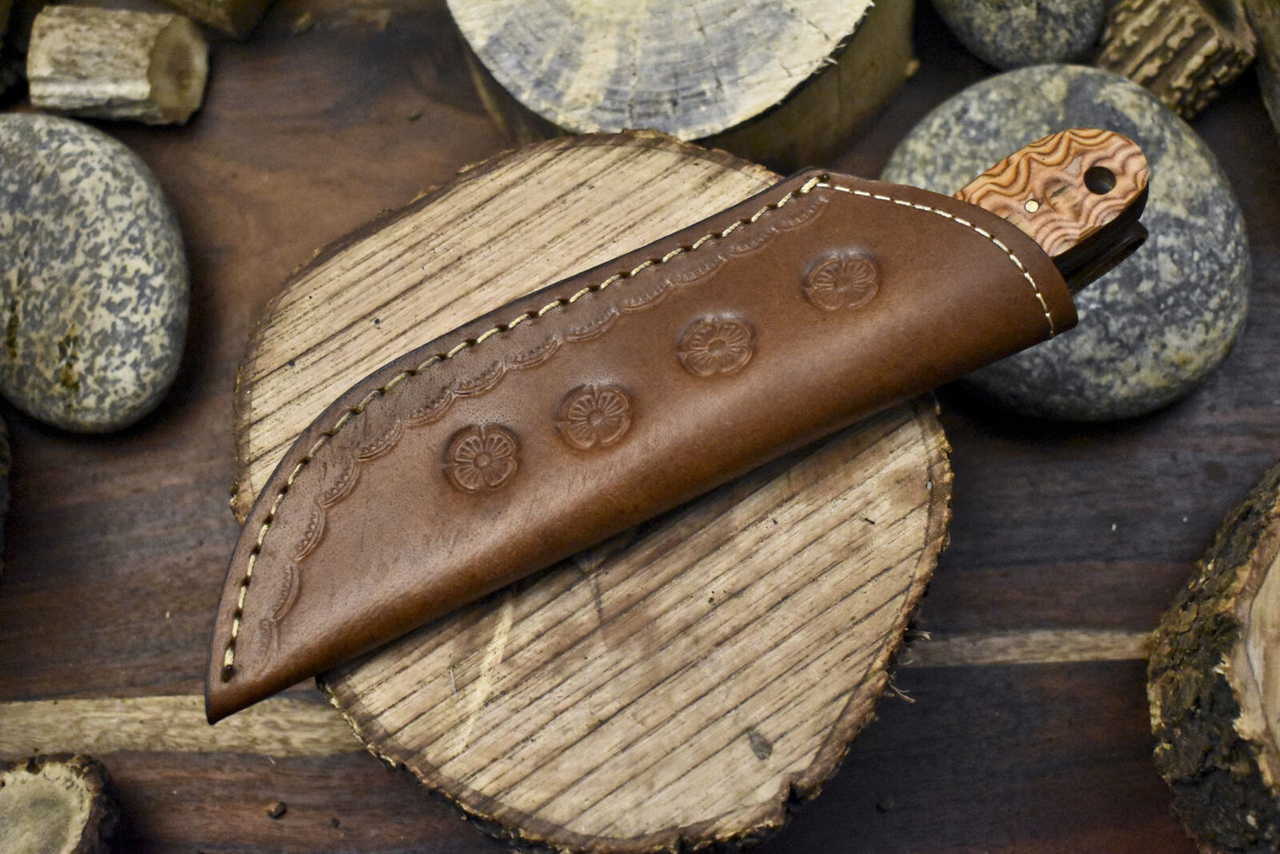 Twist Damascus Skinner Knife with Olive Wood Handle and Wooden Bolster