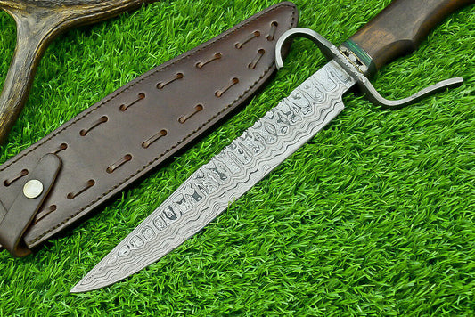 15 Inch Custom Handmade Damascus Steel Bowie Hunting Knife with Wood Handle and Steel Guard