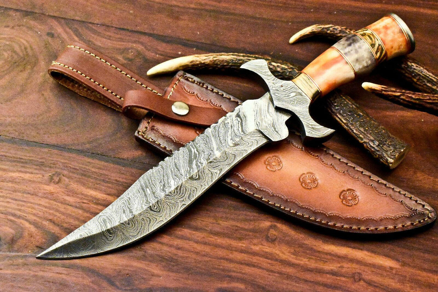 15" Damascus Steel Bowie Knife – Farms Camel Bone Handle | Rare Handmade Hunting Blade