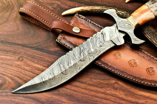 15" Damascus Steel Bowie Knife – Farms Camel Bone Handle | Rare Handmade Hunting Blade