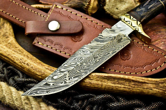 Custom Handmade Damascus Steel Bowie Hunting Knife | Hard Wood Handle