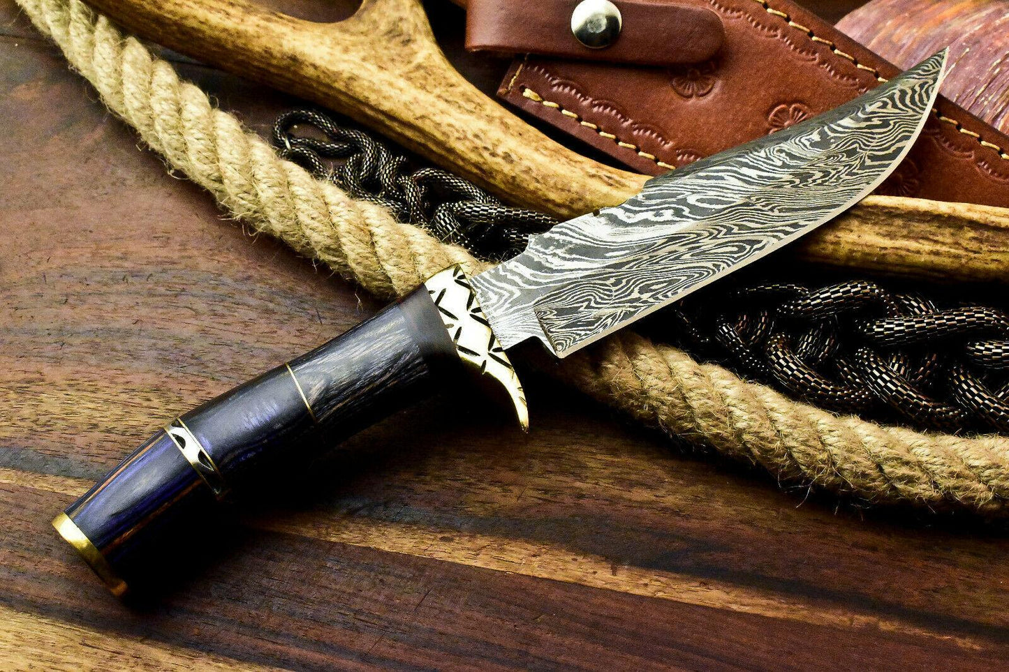 Custom Handmade Damascus Steel Bowie Hunting Knife | Hard Wood Handle