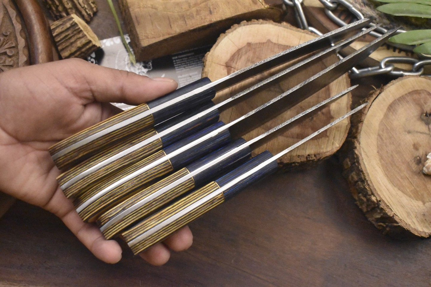 Hand Crafted Chef Knife Set – Twist Damascus Steel with Hardwood Handle (Lot of 5 Hunting Knives)