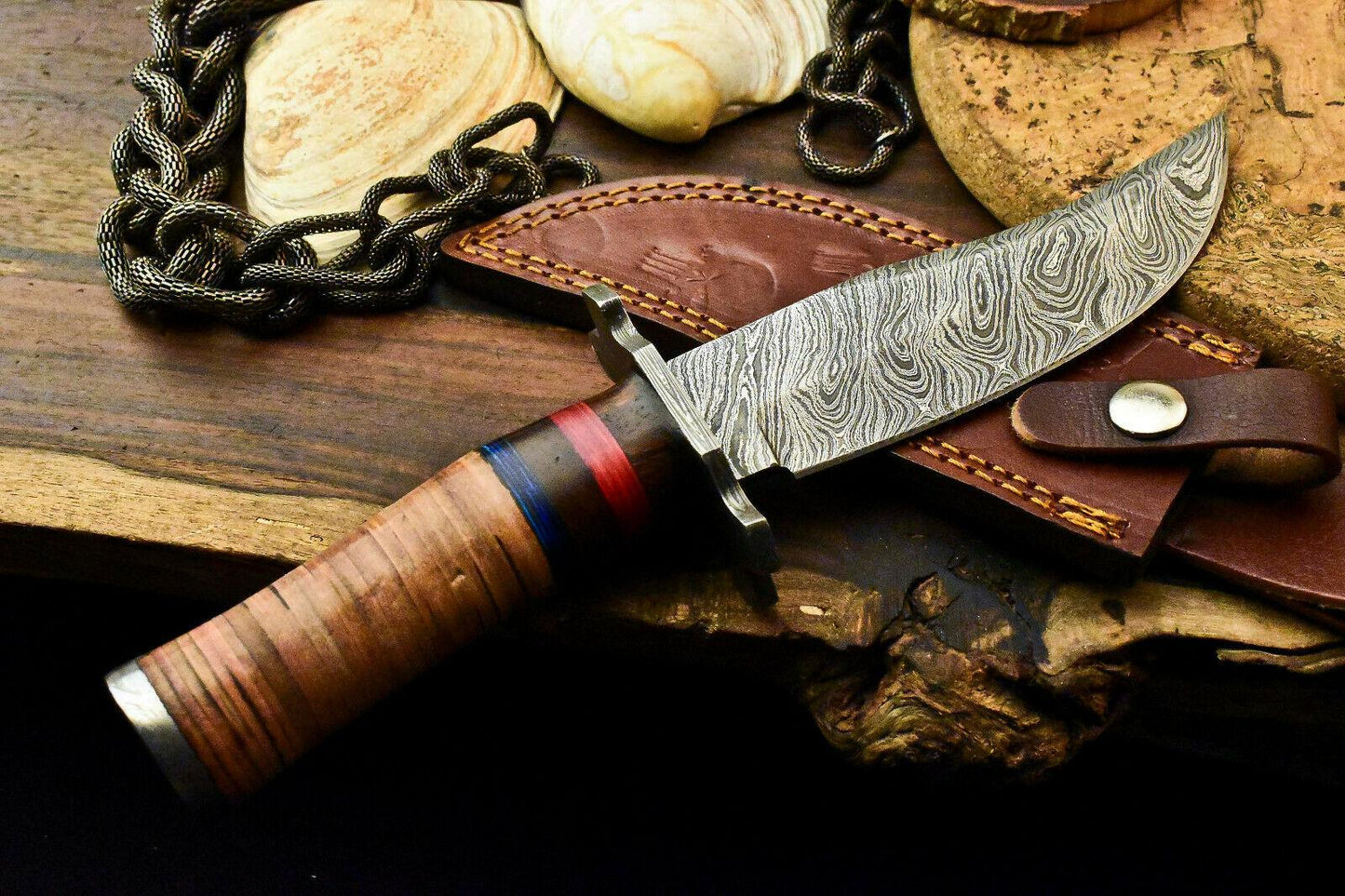 Custom Damascus Steel Bowie Knife – Stacked Leather Handle, 10.5" Hunting Blade