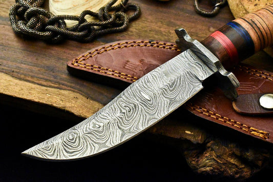 Custom Damascus Steel Bowie Knife – Stacked Leather Handle, 10.5" Hunting Blade