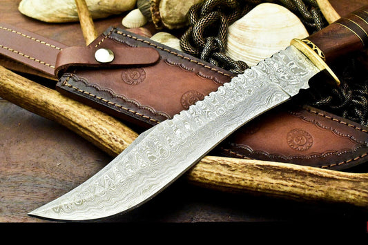 Damascus Steel Bowie Knife – 14" Walnut Wood Handle