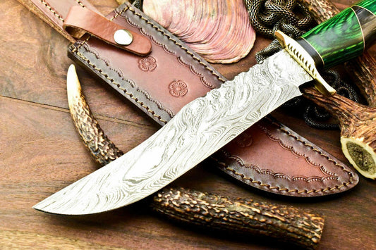 14" Rare Handmade Damascus Bowie Hunting Knife | Hard Wood Handle