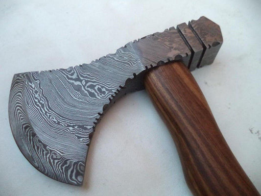 Hand Forged Damascus Steel Hatchet Tomahawk Viking Axe with Rose Wood Handle