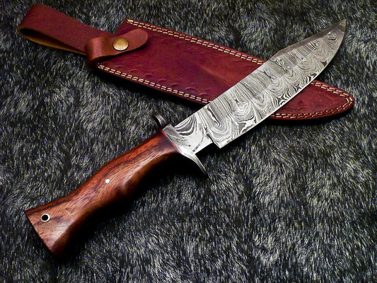 13.5 Inch Handmade Damascus Steel Bowie Knife with Natural Wood Handle
