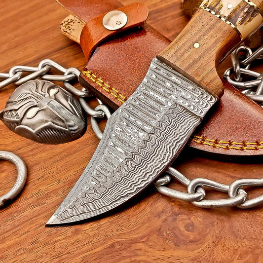 8" Custom Damascus Bowie Knife – Stag Horn & Wood Handle