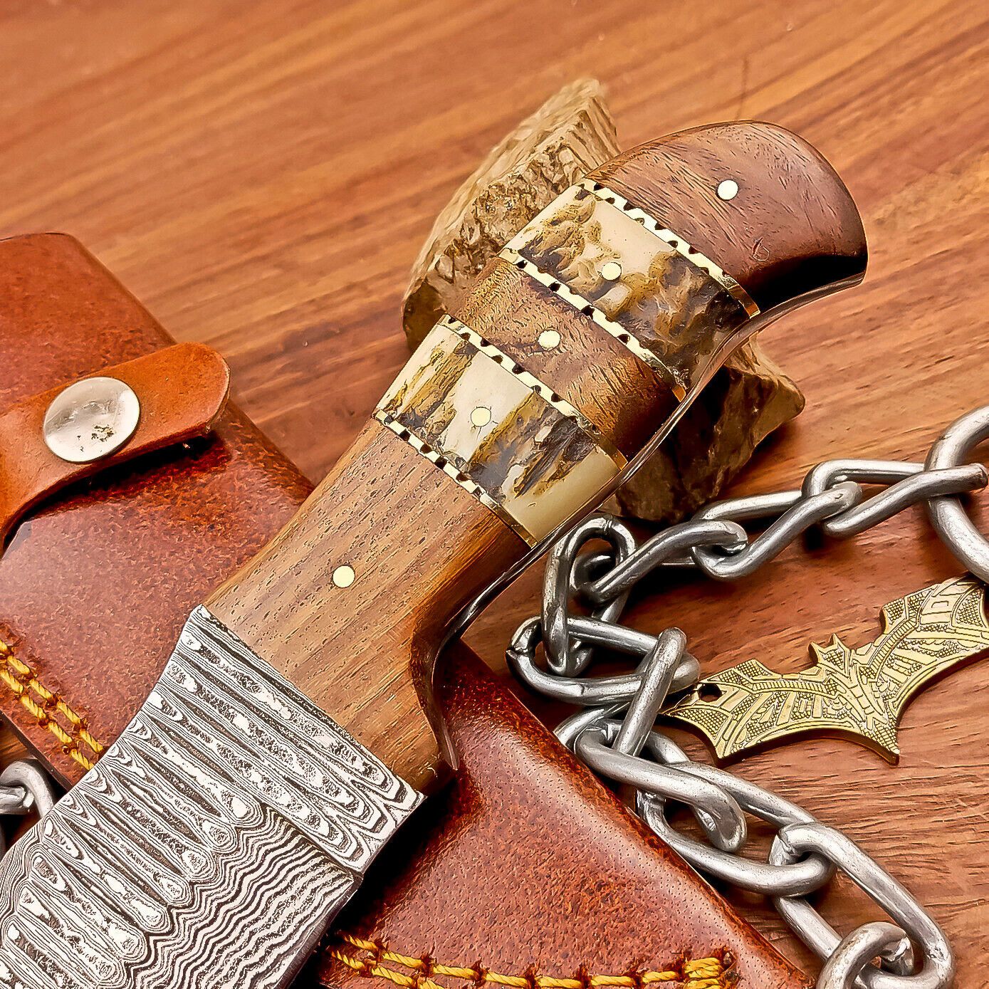 8" Custom Damascus Bowie Knife – Stag Horn & Wood Handle