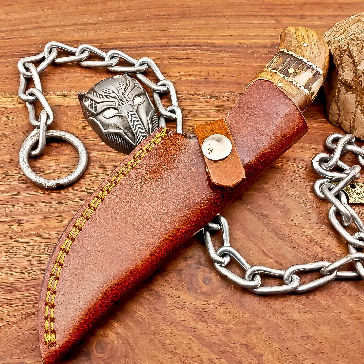 8" Custom Damascus Bowie Knife – Stag Horn & Wood Handle