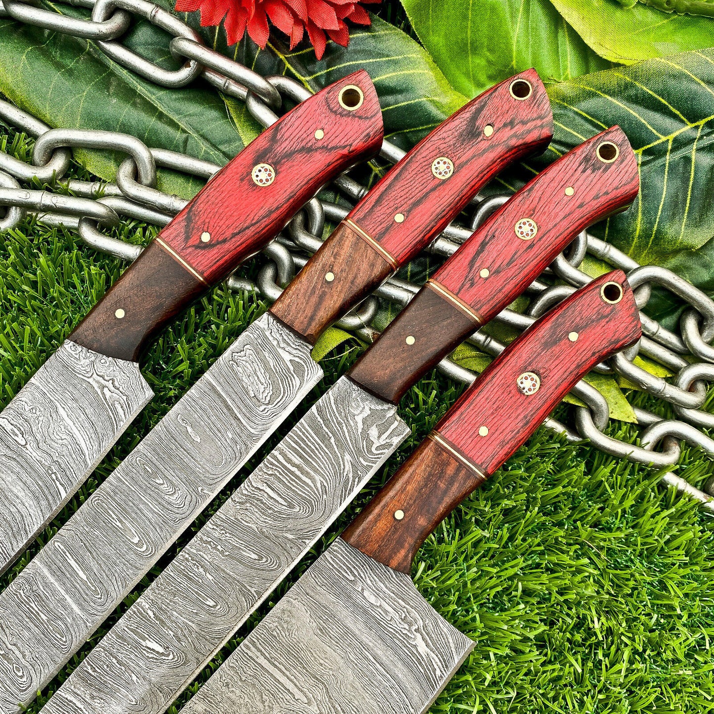 Lot of 4 Handmade Damascus Steel Chef Knives Set – Full Tang Kitchen Knife Collection
