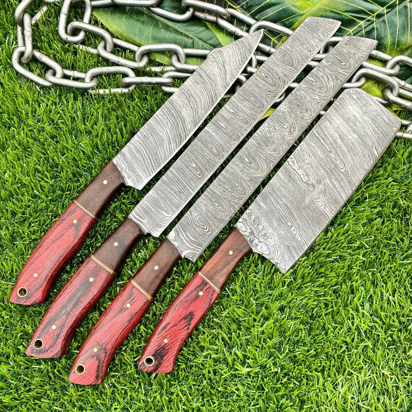 Lot of 4 Handmade Damascus Steel Chef Knives Set – Full Tang Kitchen Knife Collection