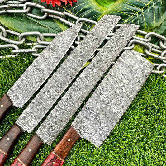 Lot of 4 Handmade Damascus Steel Chef Knives Set – Full Tang Kitchen Knife Collection