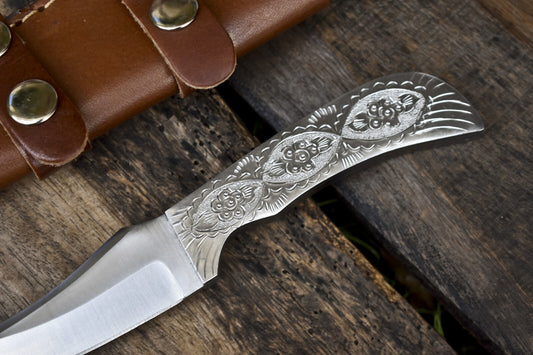 7.5" Handmade Skinner Knife | Engraved ATS-34 Steel Blade | D2 Tool Steel Handle