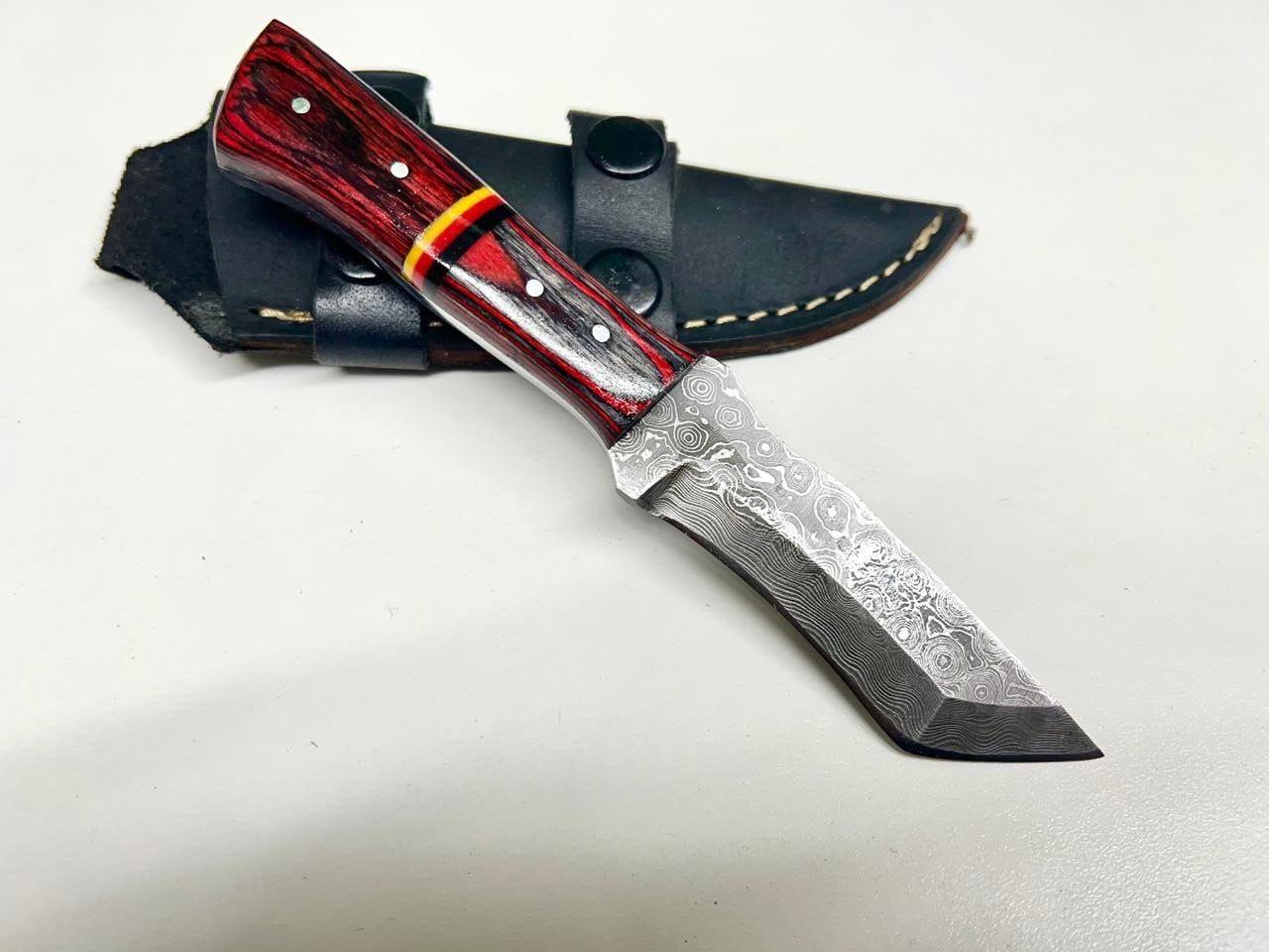 Handmade Damascus Steel Tracker Knife – Custom Wood Handle Camping Hunting Knife with Sheath