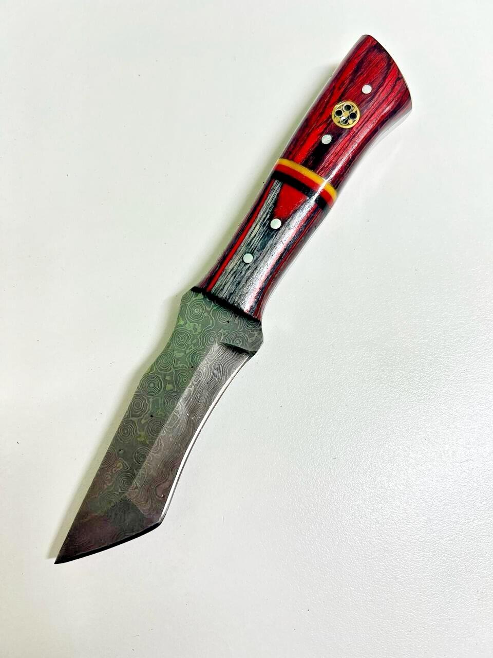 Handmade Damascus Steel Tracker Knife – Custom Wood Handle Camping Hunting Knife with Sheath