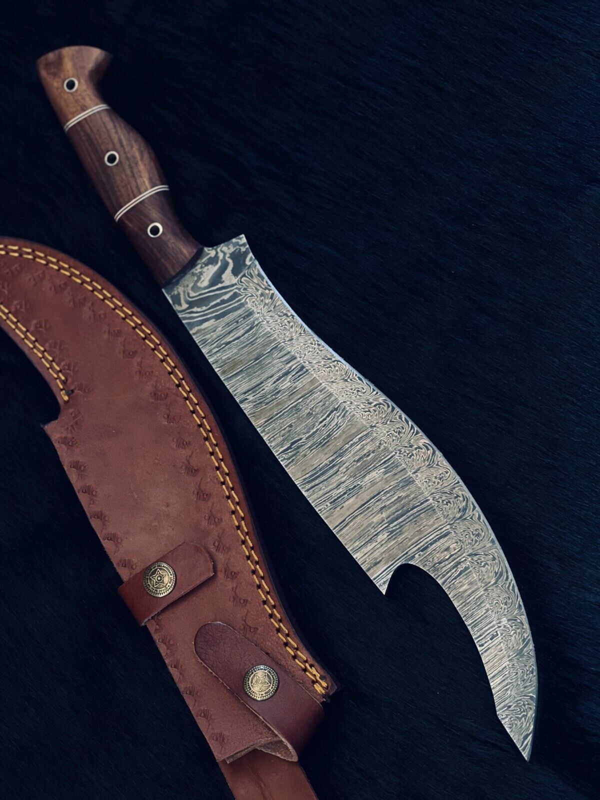 Heritage Forge 15.5 Inch Fire Damascus Steel Machete Knife with Camel Bone and Wood Handle