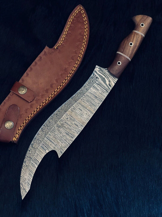 Heritage Forge 15.5 Inch Fire Damascus Steel Machete Knife with Camel Bone and Wood Handle