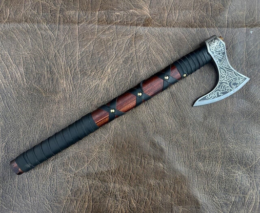 Custom Handmade Viking Axe Carbon Steel Bushcraft Forest Hatchet with Wooden Handle and Leather Sheath