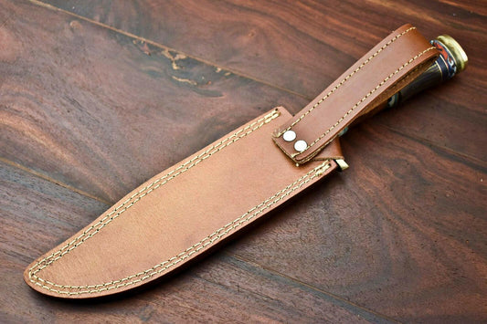 12.5" Custom Damascus Bowie Knife | Handmade Hunting Blade with Hardwood Handle