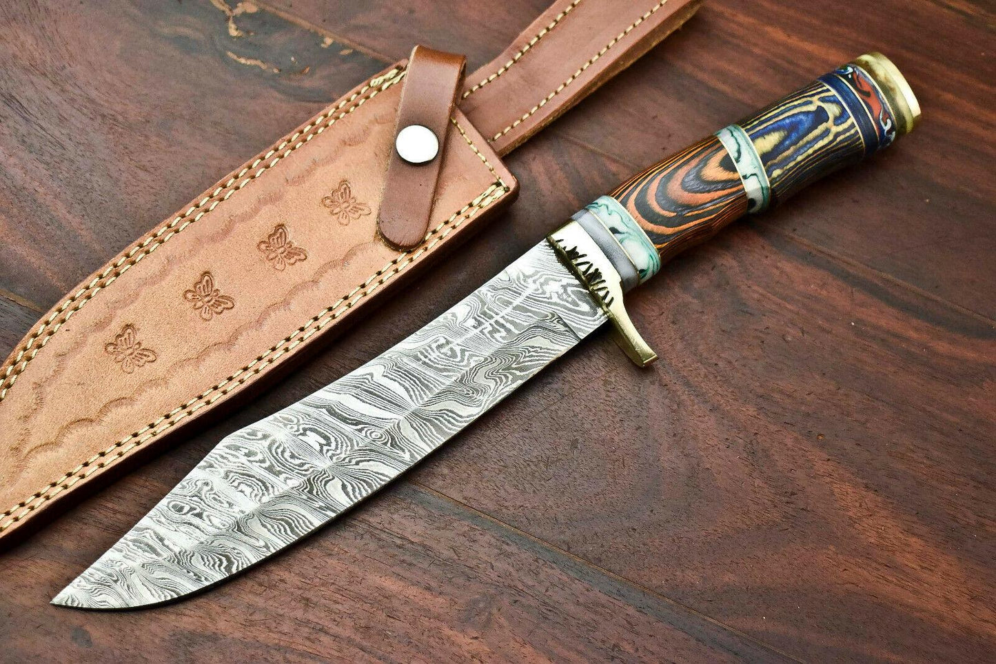 12.5" Custom Damascus Bowie Knife | Handmade Hunting Blade with Hardwood Handle