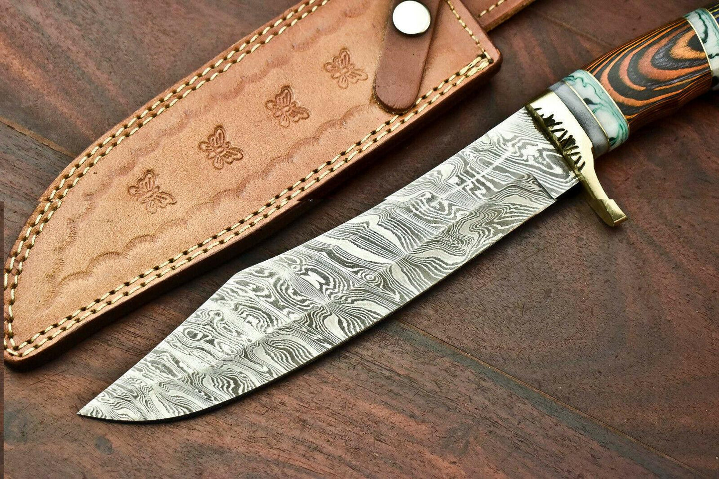 12.5" Custom Damascus Bowie Knife | Handmade Hunting Blade with Hardwood Handle