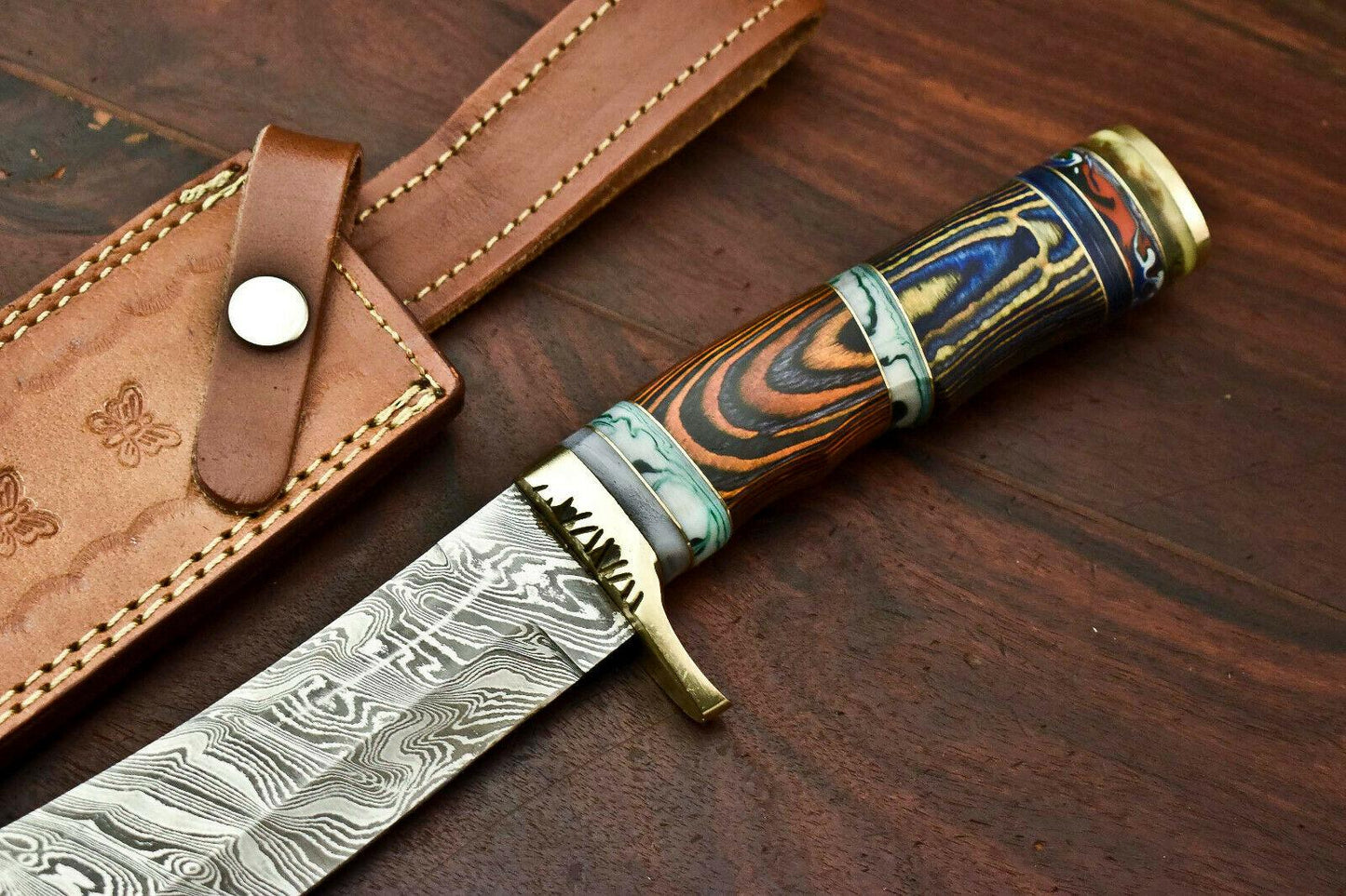 12.5" Custom Damascus Bowie Knife | Handmade Hunting Blade with Hardwood Handle