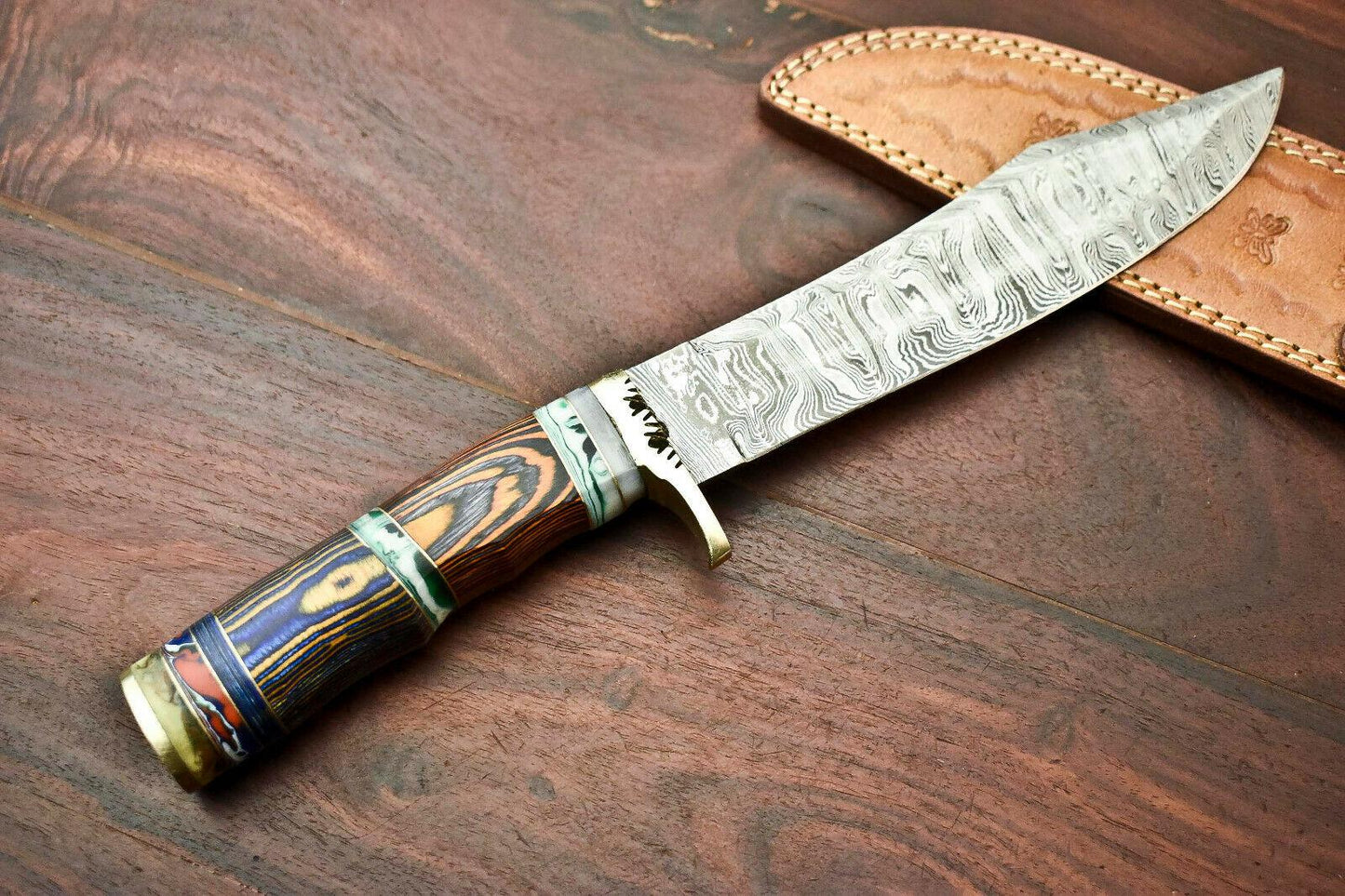 12.5" Custom Damascus Bowie Knife | Handmade Hunting Blade with Hardwood Handle