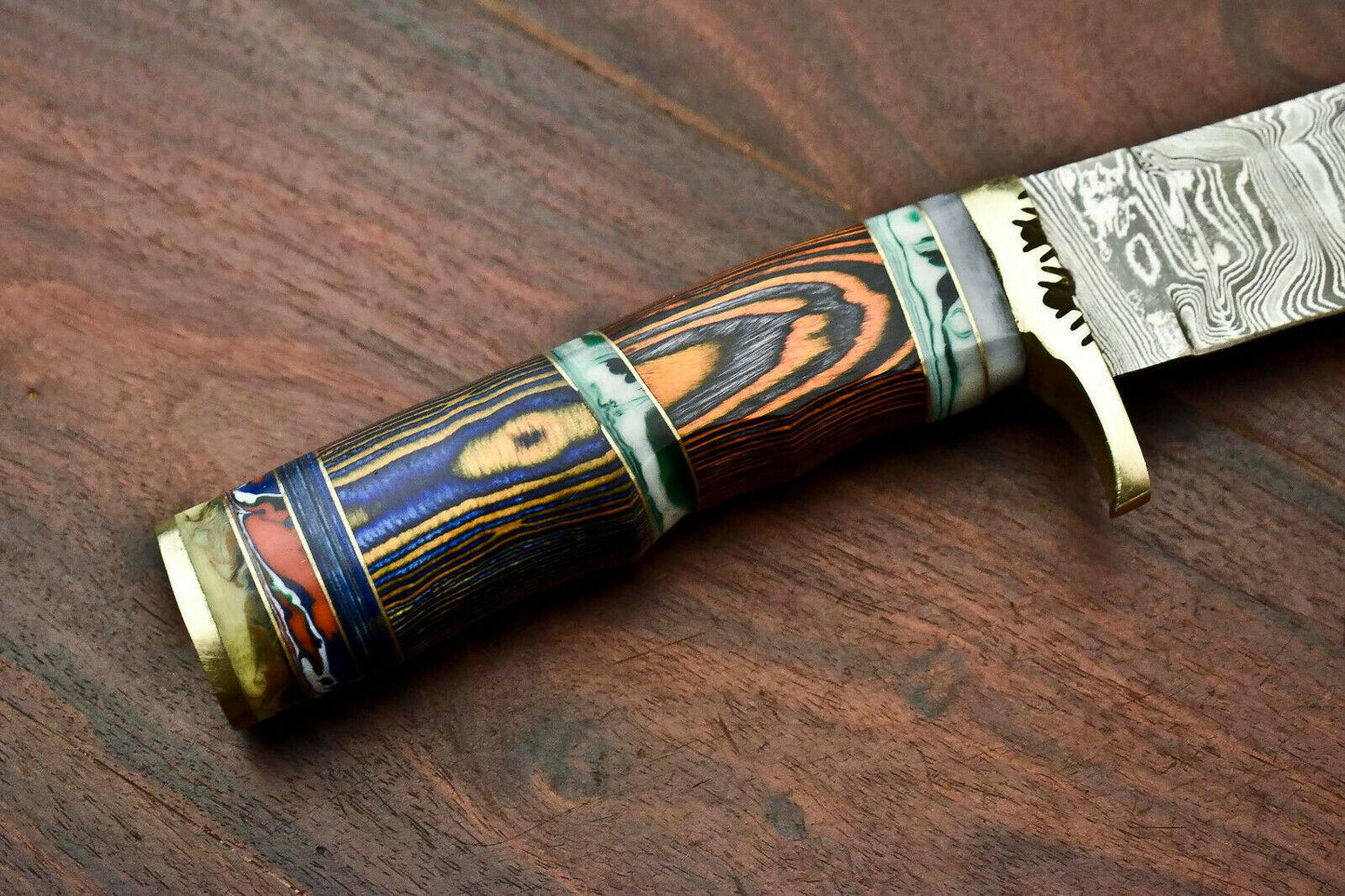 12.5" Custom Damascus Bowie Knife | Handmade Hunting Blade with Hardwood Handle