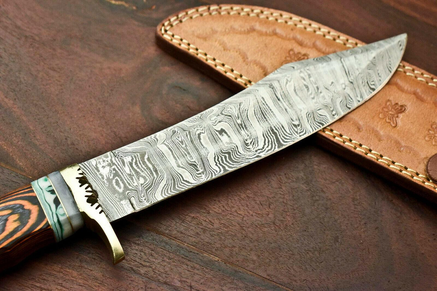 12.5" Custom Damascus Bowie Knife | Handmade Hunting Blade with Hardwood Handle