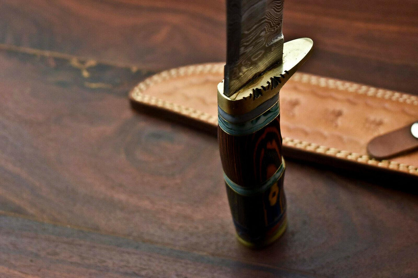 12.5" Custom Damascus Bowie Knife | Handmade Hunting Blade with Hardwood Handle