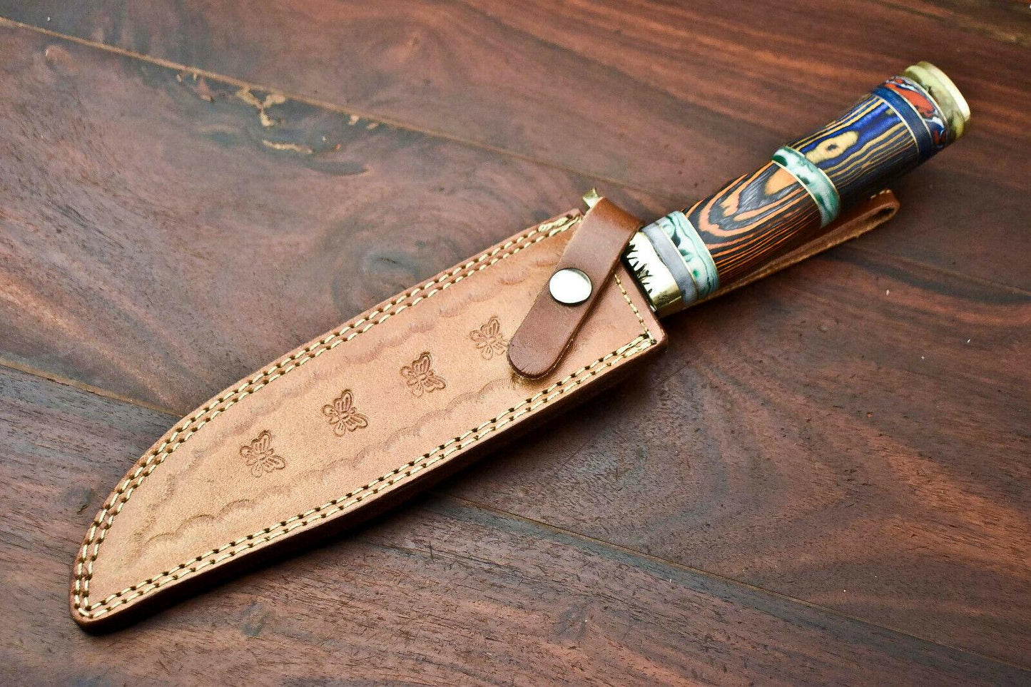12.5" Custom Damascus Bowie Knife | Handmade Hunting Blade with Hardwood Handle