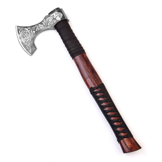 Viking Medieval Battle Axe with Decorated Carbon Steel Blade and Leather Wrapped Sheesham Handle 18.5 Inch with Sheath