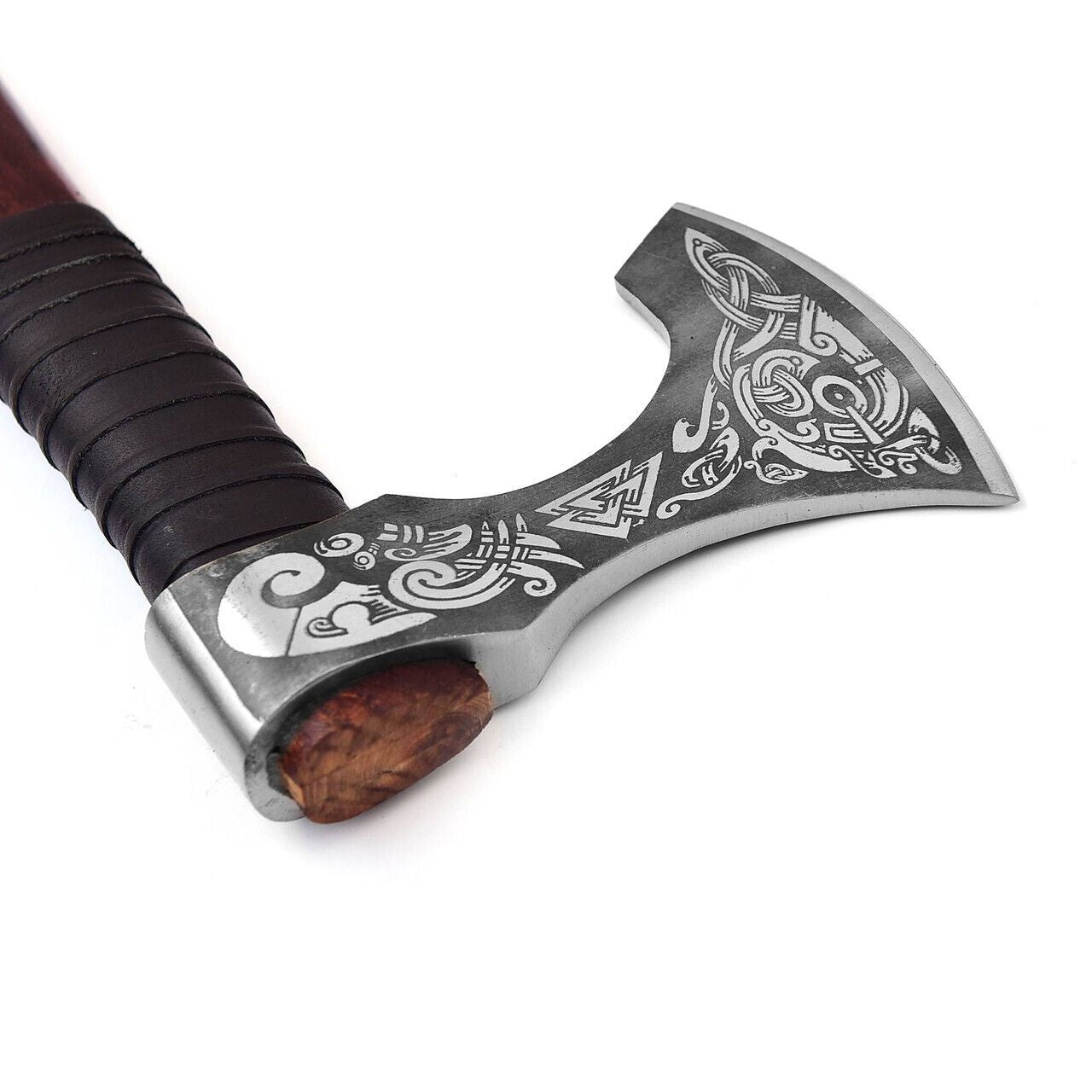 Viking Medieval Battle Axe with Decorated Carbon Steel Blade and Leather Wrapped Sheesham Handle 18.5 Inch with Sheath