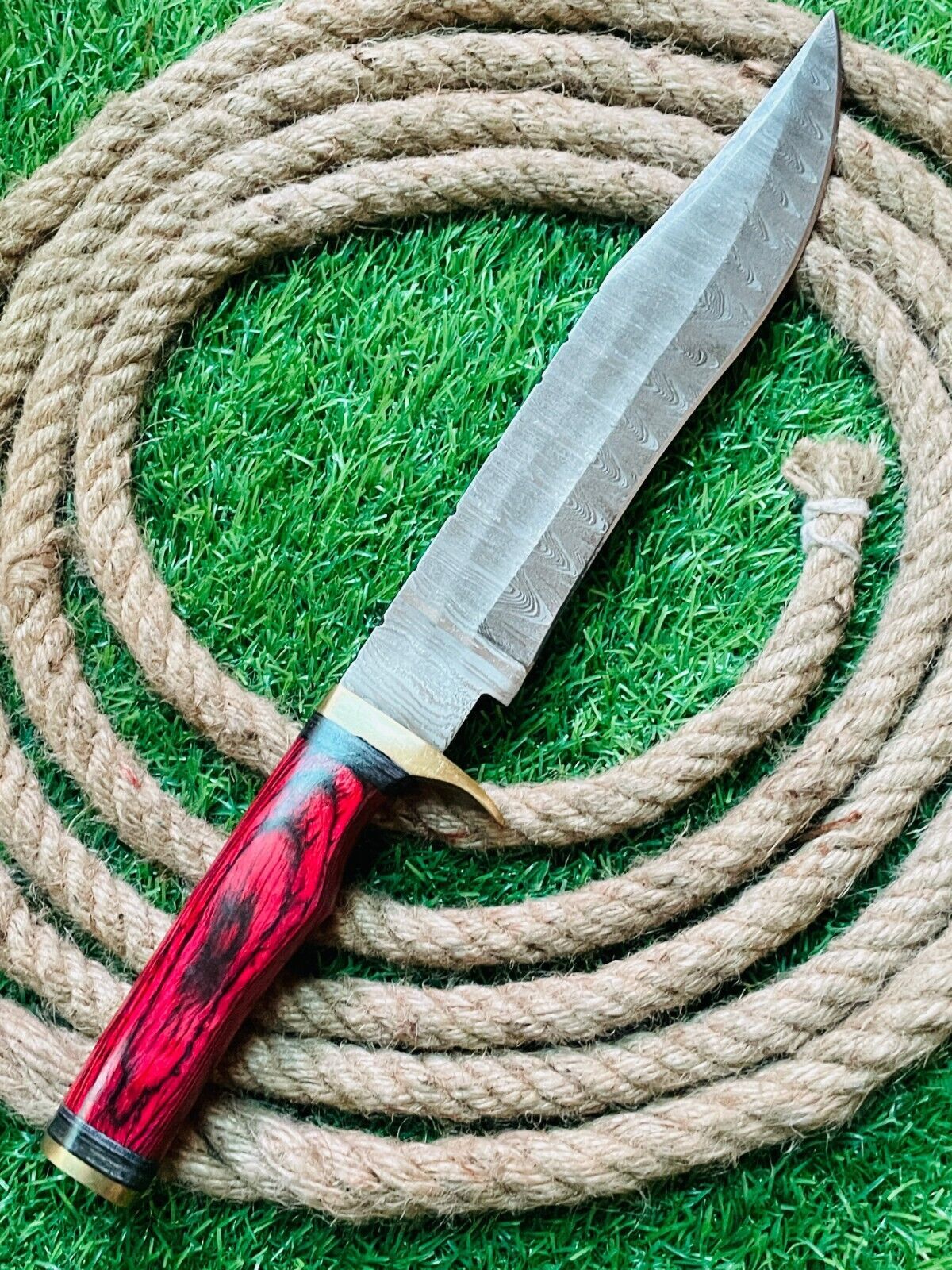 Heritage Forge 15 Inch Damascus Steel Bowie Knife Brass and Wood Handle for Hunting and Survival