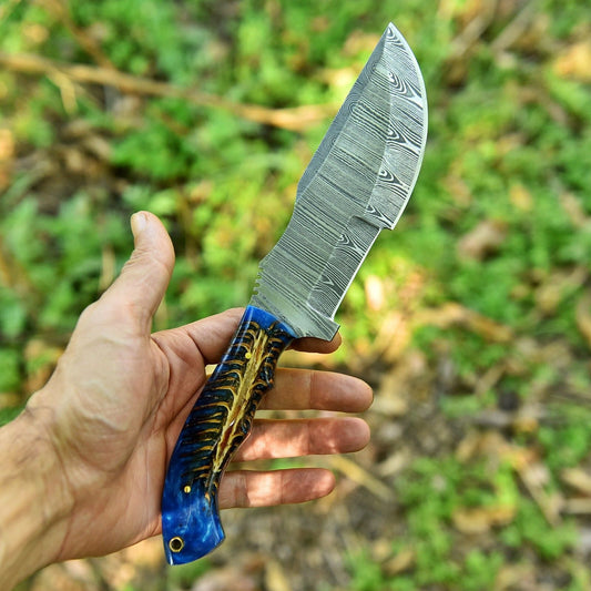 10.6" Handmade Damascus Steel Tracker Knife | Pine Cone Corelon Handle with Leather Sheath