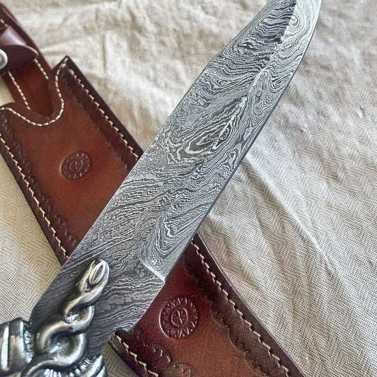 16" Handmade Damascus Steel Bowie Knife with Pewter Handle & Sheath