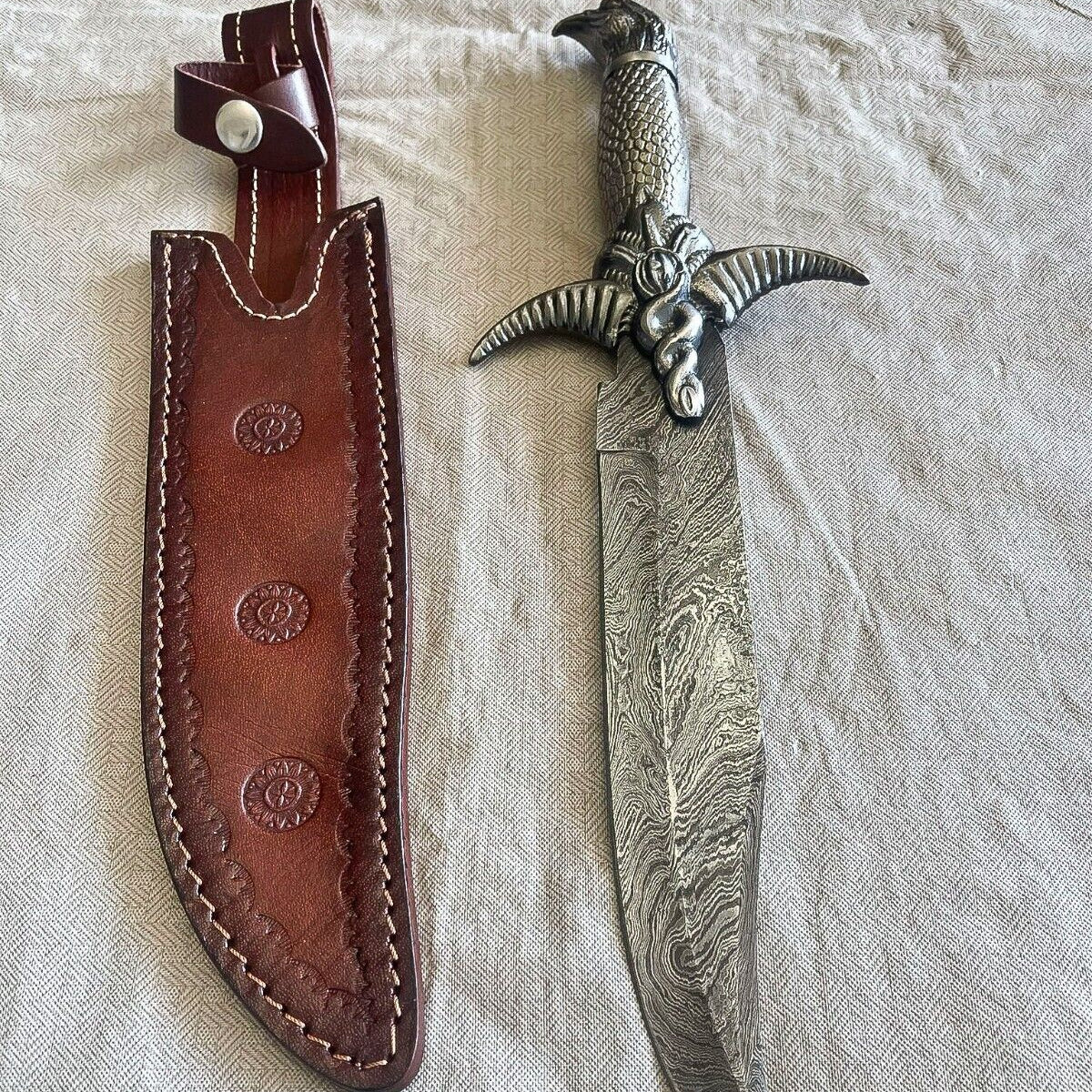 16" Handmade Damascus Steel Bowie Knife with Pewter Handle & Sheath